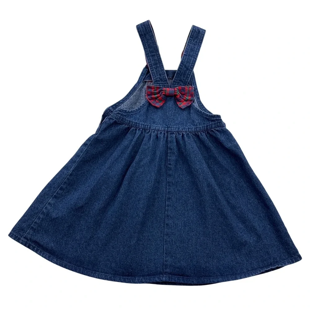 Vintage OshKosh B'gosh 2T Denim Jumper Dress Plaid‎ Bow USA Made Toddler Girl